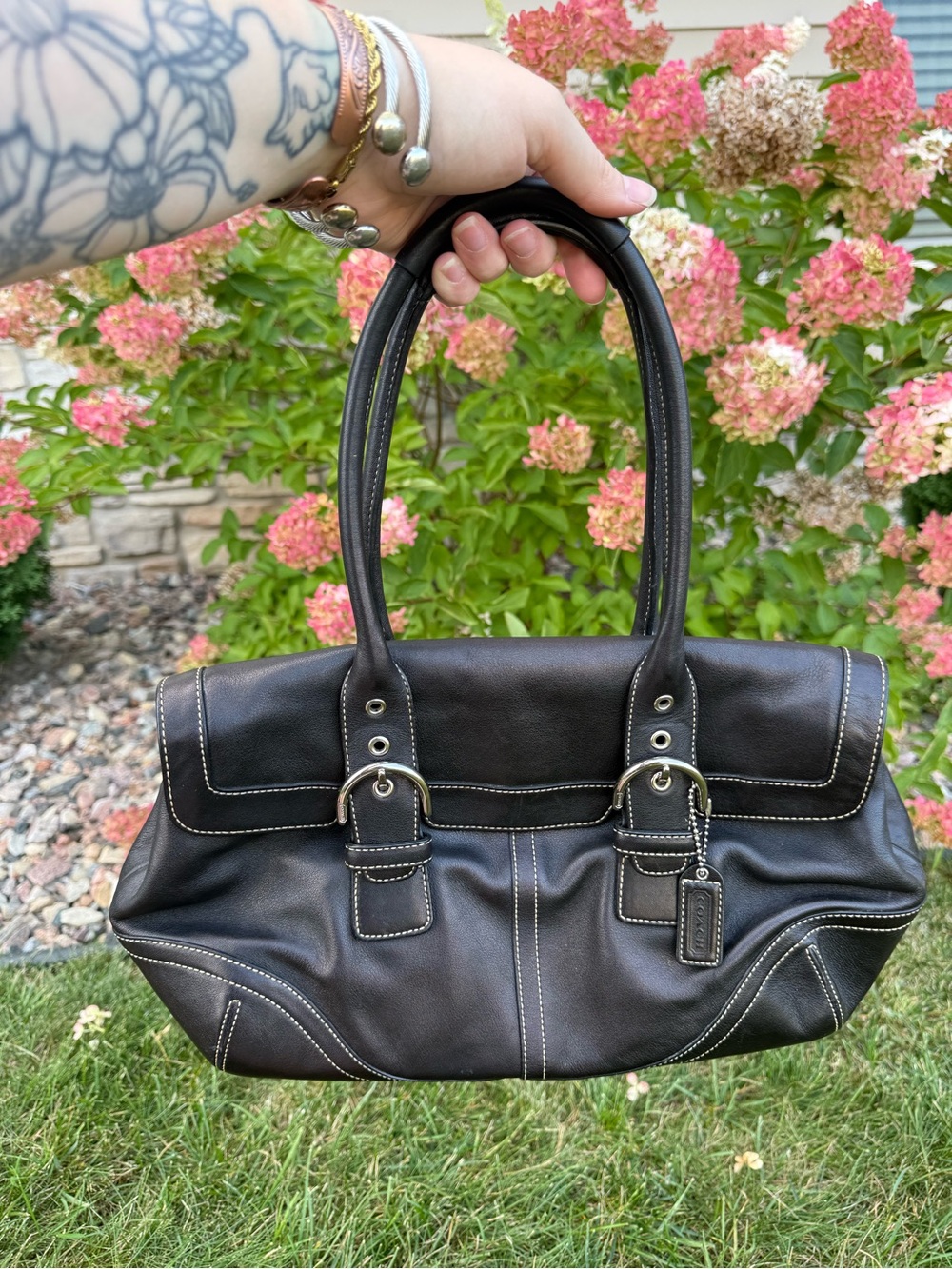 Coach Black Leather Shoulder Bag with White Stitching